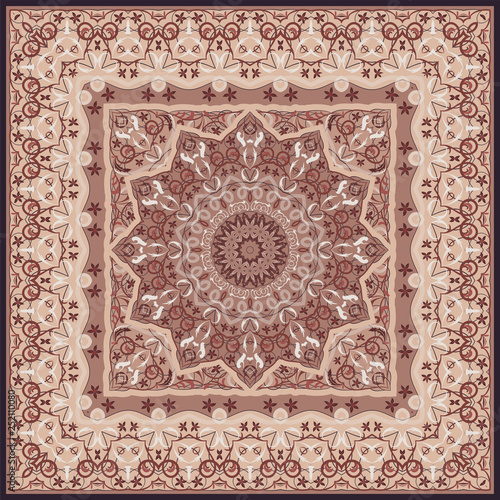 Ancient Arabic pattern. Red Persian carpet with rich ornament for fabric design, handmade, interior decoration, textile.