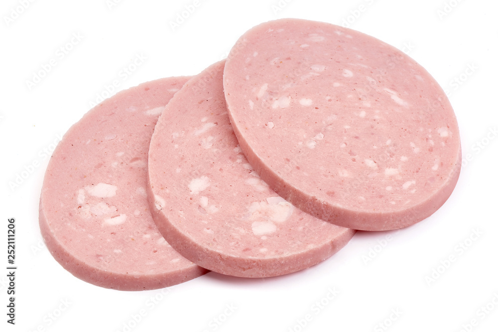 Boiled sausage bologna salami ham, close-up, isolated on white background Boiled sausage bologna salami ham, close-up, isolated on white background