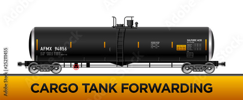 Black Rail Oil Gasoline Tanker Car. Cargo Freight Forwarding Transport. Vector illustration Side View Isolated On White Background