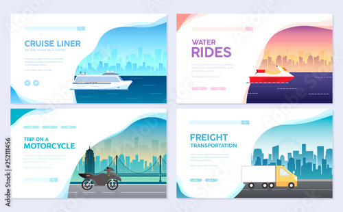 Variations transport of travel vacation tour guide infographic. Cruise, bus journey. Vector flyear, invitations, cards, presentation, poster, banners set design.