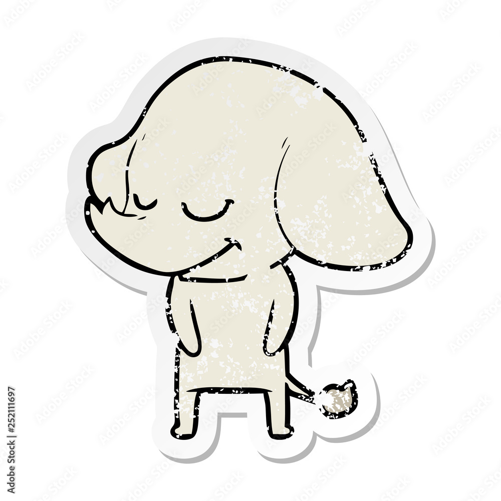 distressed sticker of a cartoon smiling elephant distressed sticker of a cartoon smiling elephant