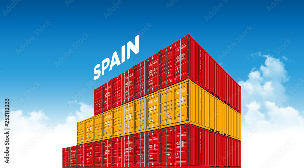 Fototapeta premium Shipping Cargo Container Spain Flag For Logistics And Transportation With Clouds