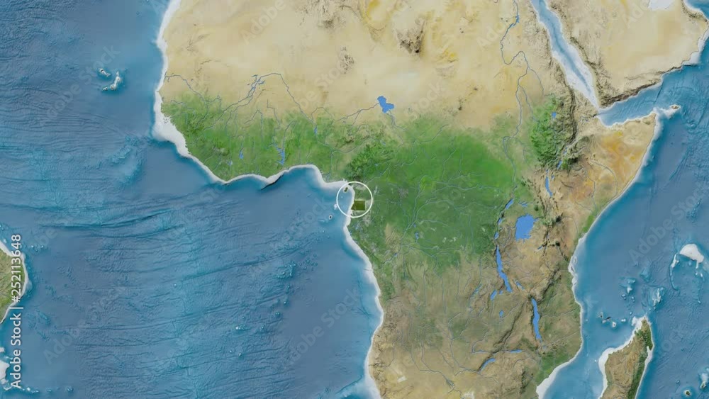 Equatorial Guinea area presented against the global satellite map in the Kavrayskiy VII projection with animated oblique transformation Equatorial Guinea area presented against the global satellite map in the Kavrayskiy VII projection with animated oblique transformation