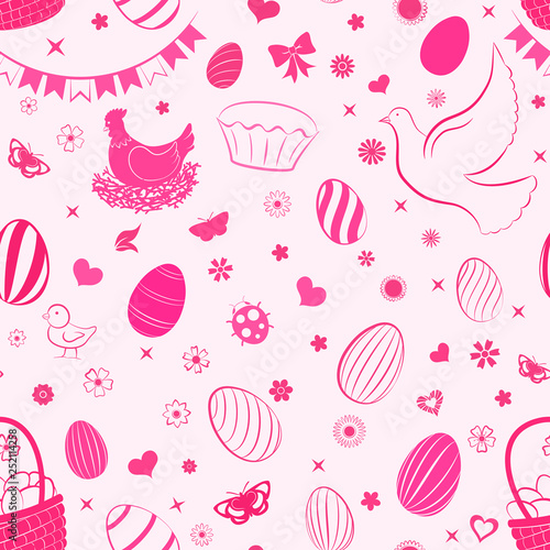 Seamless pattern of eggs, flowers, cakes, hare, hen, chicken and other Easter symbols in red colors