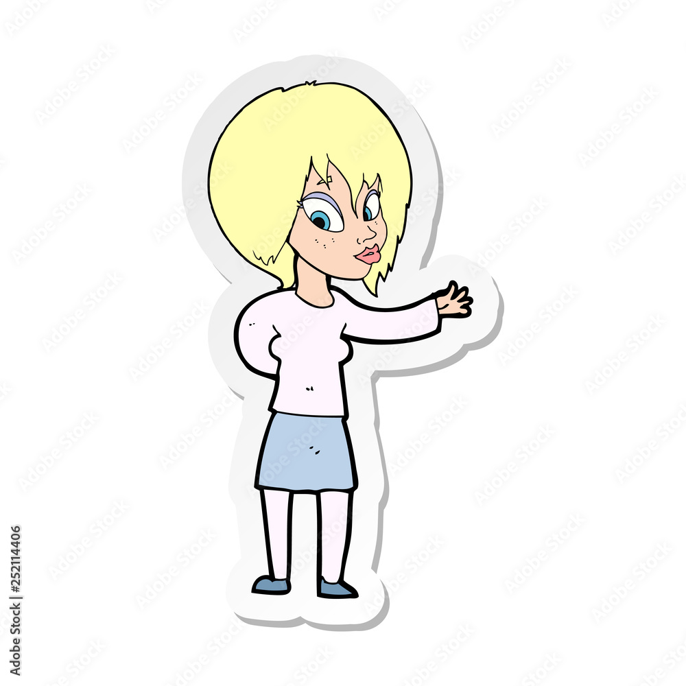 sticker of a cartoon woman making welcome gesture sticker of a cartoon woman making welcome gesture