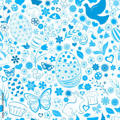 Seamless pattern of eggs, flowers, cakes, hare, hen, chicken and other Easter symbols, blue on white