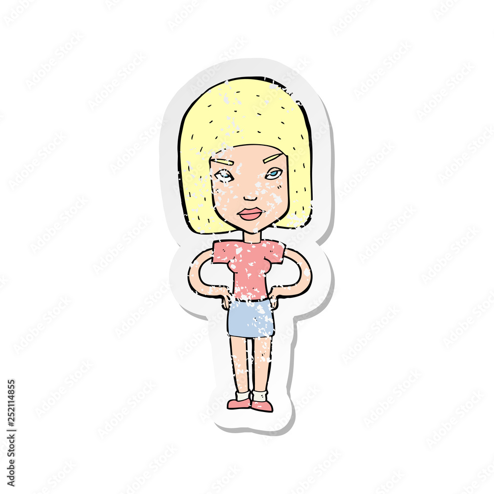 retro distressed sticker of a cartoon annoyed woman retro distressed sticker of a cartoon annoyed woman