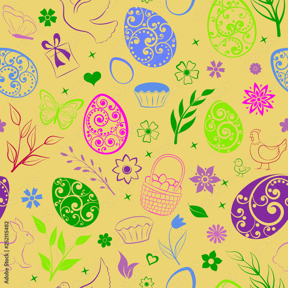 Seamless pattern of eggs, flowers, cakes, hen, chicken and other Easter symbols, multicolored on yellow