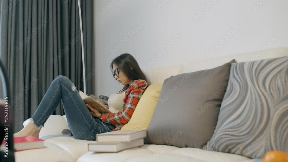 American woman is writing in notebook sitting on sofa in home interior. American woman is writing in notebook sitting on sofa in home interior.