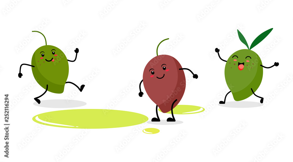 Funny olives in kawaii style with oil drops. Vector characters on white background Funny olives in kawaii style with oil drops. Vector characters on white background
