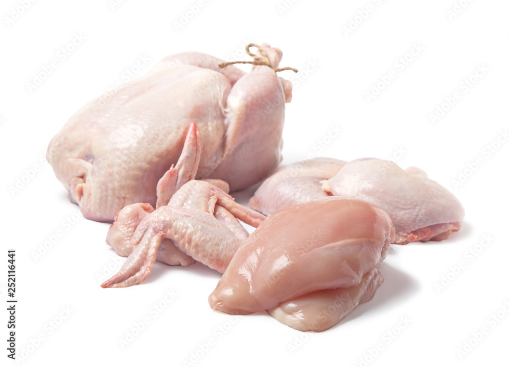 Fresh raw chicken and chicken parts isolated on white background. Breast, wings and legs. Fresh raw chicken and chicken parts isolated on white background. Breast, wings and legs.