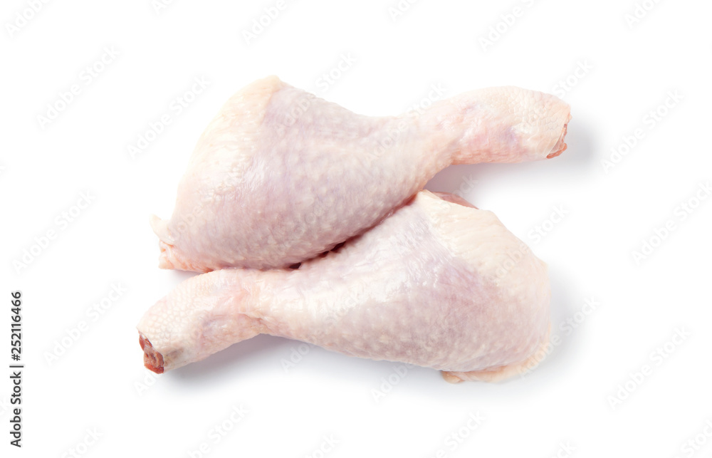 Raw chicken leg, thigh isolated on white background. Top view.