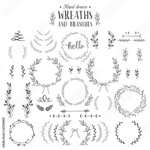 Collection of hand drawn laurels, wreaths and branches. 