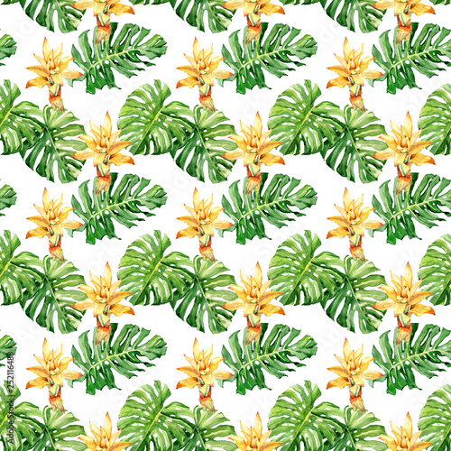 Watercolor hand drawn rainforest and banana leaves and flowers illustration seamless pattern on white background