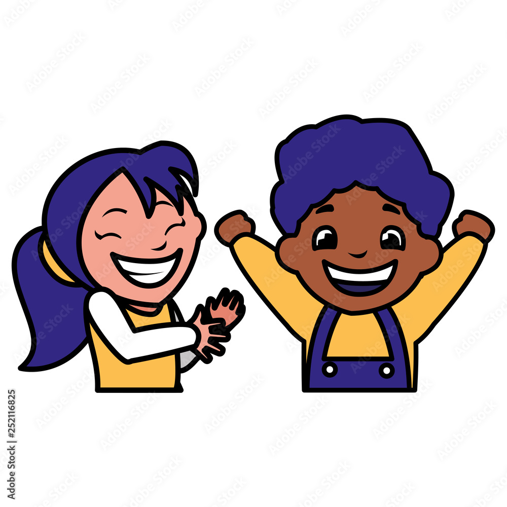happy kids couple celebrating interracial characters happy kids couple celebrating interracial characters