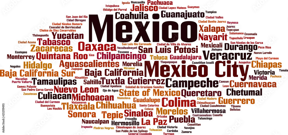 Obraz premium Cities in Mexico word cloud
