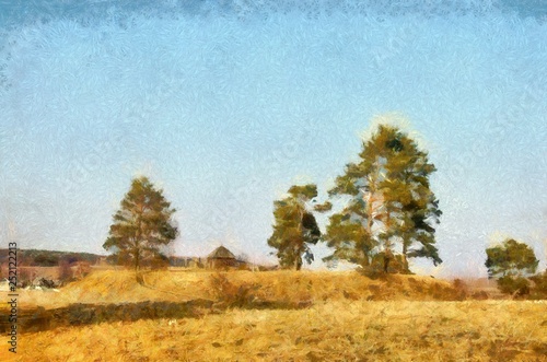 Village outdoor landscape. Nature motif. Large size watercolor and oil painting pictorial art. Modern drawing fine artwork. Creative artistic print for canvas or textile. Wallpaper, poster or postcard