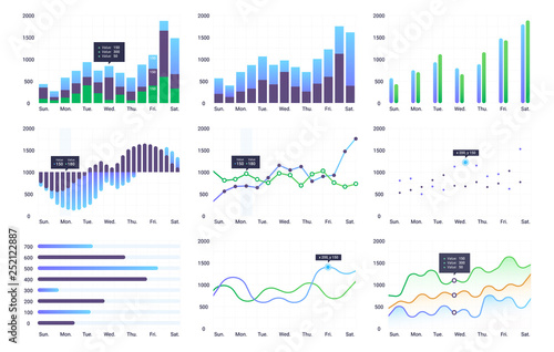 Graphs and charts set. Statistic and data, information infographic, vector illustration