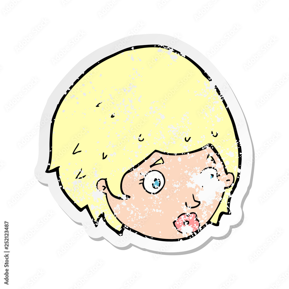 retro distressed sticker of a cartoon girl with concerned expression retro distressed sticker of a cartoon girl with concerned expression