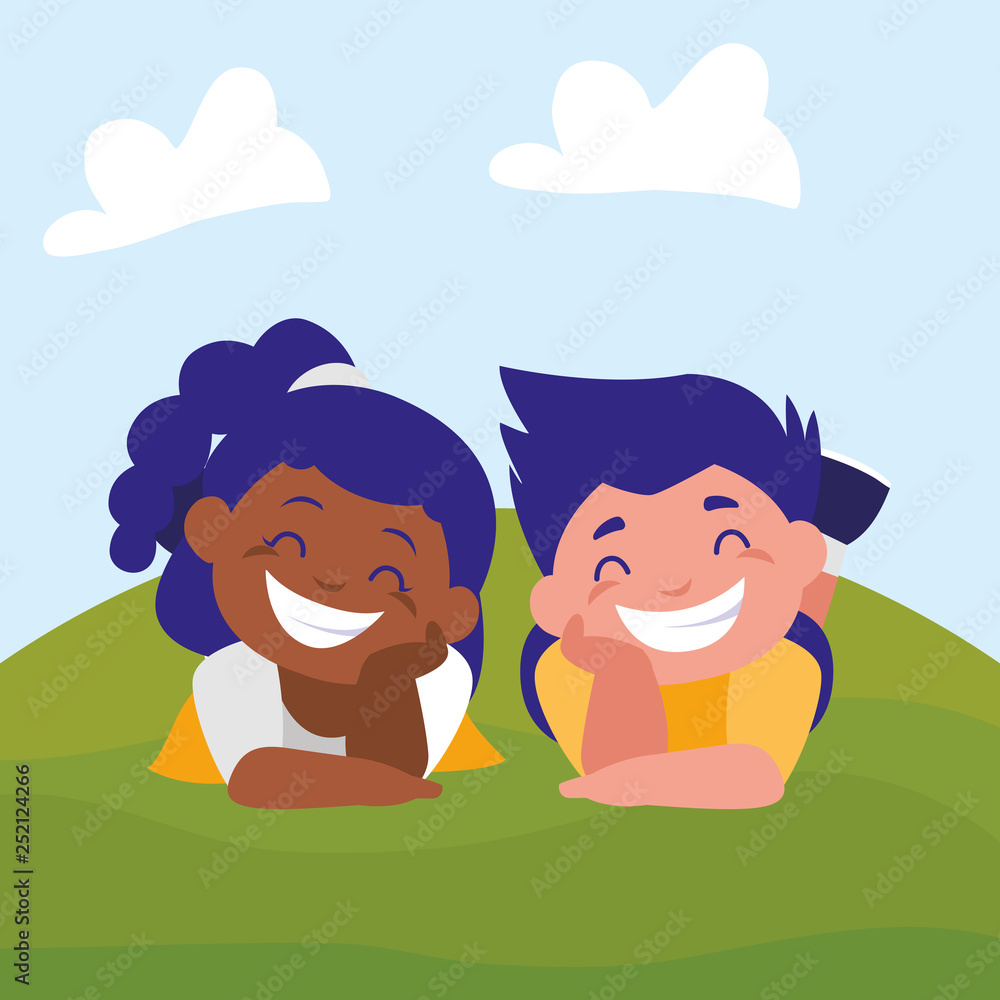 happy kids couple in the camp interracial characters happy kids couple in the camp interracial characters