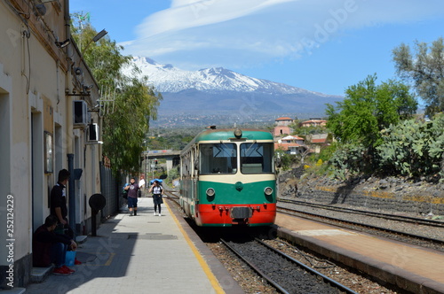 Obraz na plátně Old tram with Etna in the background, Paterno, Sicily, Italy