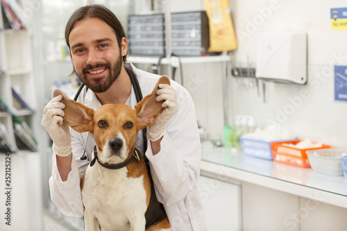 Young spesialist smiling with dog and holding his ears. photo