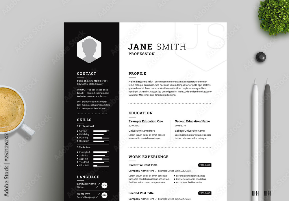 Black and White Resume and Cover Letter Layout with Black Sidebar Stock
