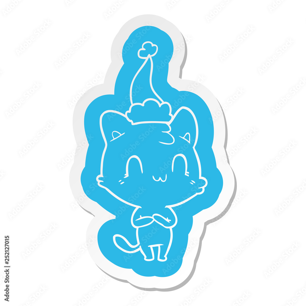 cartoon sticker of a happy cat wearing santa hat cartoon sticker of a happy cat wearing santa hat