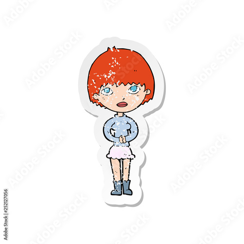 retro distressed sticker of a cartoon woman waiting patiently