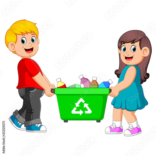 Two children carry on recycle bin