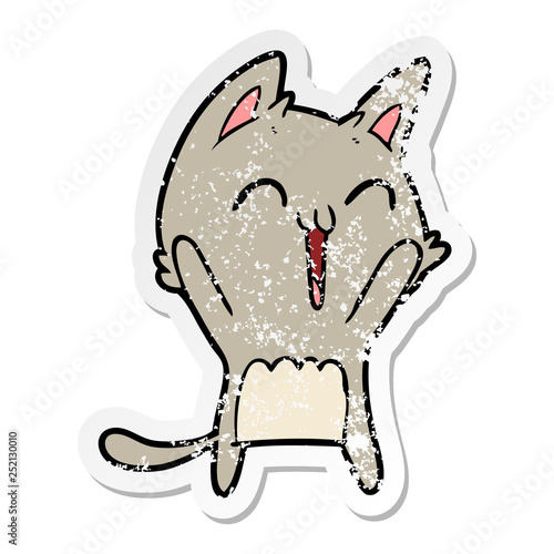distressed sticker of a happy cartoon cat meowing