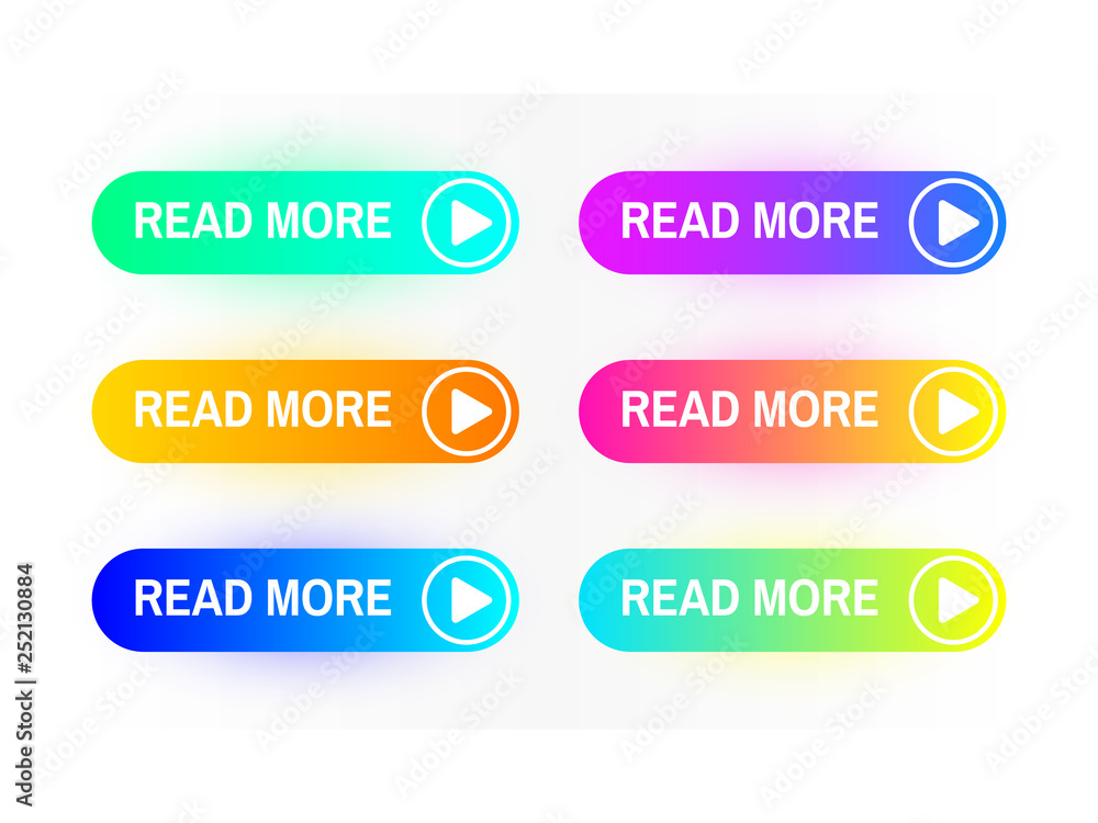 Fototapeta premium Gradient buttons set isolated on white background. Read More button concept. Web site interface. Colorful button collection. Color icons for web with shadows. Vector illustration