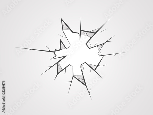 Broken glass on a white background. Abstract realistic crack. Pieces of glass isolated. Cracked window texture. Crime scene concept. Vector illustration