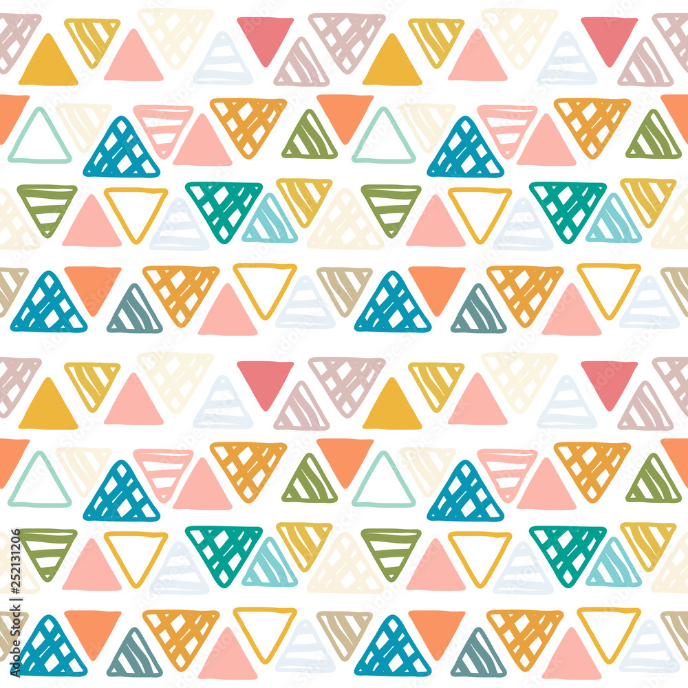 Seamless pattern of doodle triangles on white background. Ethnic seamless pattern. Tribal background. Infinity hand drawn geometric pattern. Vector illustration. Seamless pattern of doodle triangles on white background. Ethnic seamless pattern. Tribal background. Infinity hand drawn geometric pattern. Vector illustration.