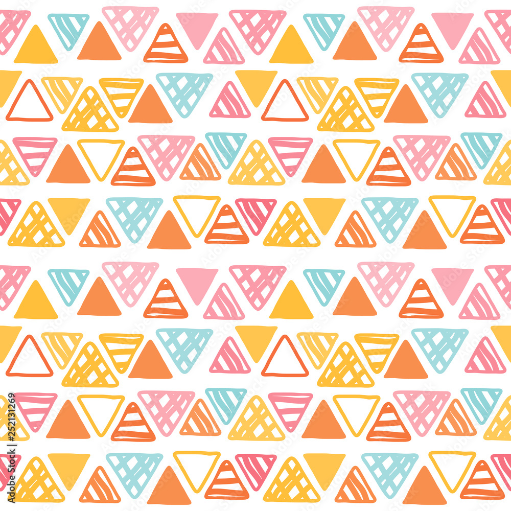 Seamless pattern of doodle triangles on white background. Ethnic seamless pattern. Tribal background. Infinity hand drawn geometric pattern. Vector illustration. Seamless pattern of doodle triangles on white background. Ethnic seamless pattern. Tribal background. Infinity hand drawn geometric pattern. Vector illustration.