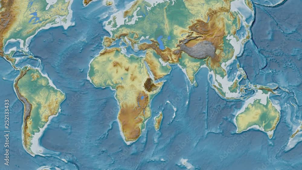 Ethiopia area presented against the global relief map in the Fahey projection with animated oblique transformation Ethiopia area presented against the global relief map in the Fahey projection with animated oblique transformation