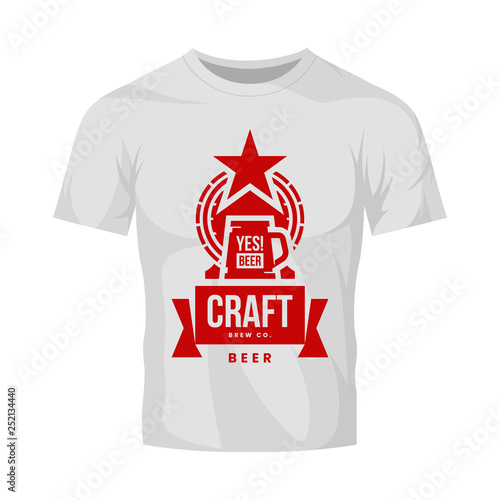 Modern craft beer drink vector logo sign for bar, pub, store, brewhouse or brewery isolated on white t-shirt mock up. Premium quality barrel logotype illustration. Brewing fest fashion badge design.