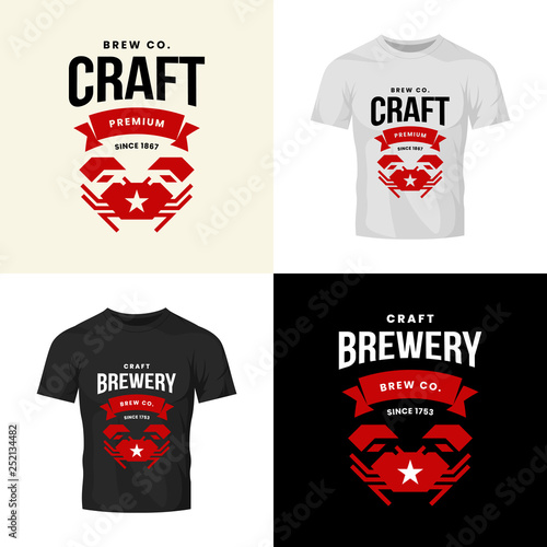 Modern craft beer drink vector logo sign for bar, pub, store, brewhouse or brewery isolated on t-shirt mock up. Premium quality crab logotype illustration set. Brewing fest fashion badge design bundle