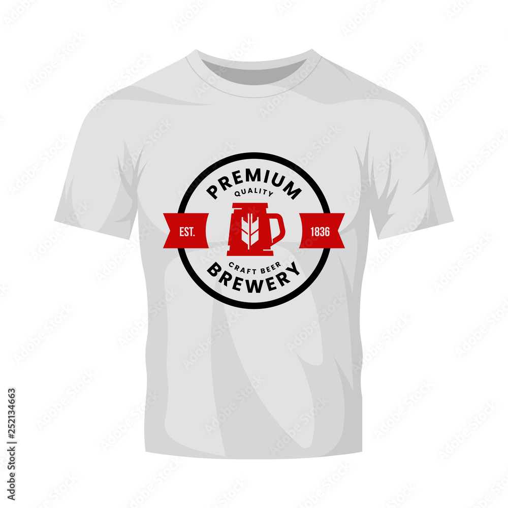Modern craft beer drink vector logo sign for bar, pub, shop, store, brewhouse or brewery isolated on white t-shirt mock up. Premium quality mug logotype illustration. Brewing fest fashion badge design Modern craft beer drink vector logo sign for bar, pub, shop, store, brewhouse or brewery isolated on white t-shirt mock up. Premium quality mug logotype illustration. Brewing fest fashion badge design