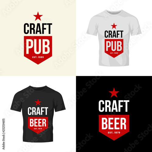 Modern craft beer drink vector logo sign for bar, pub, store, brewhouse or brewery isolated on t-shirt mock up. Premium quality star logotype illustration set. Brewing fest fashion badge design bundle