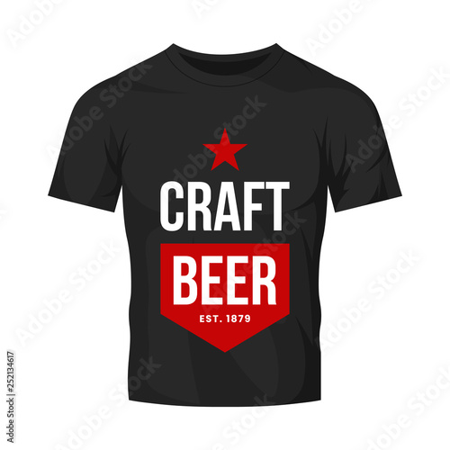 Modern craft beer drink vector logo sign for bar, pub, store, brewhouse or brewery isolated on black t-shirt mock up. Premium quality star logotype illustration. Brewing fest fashion badge design.