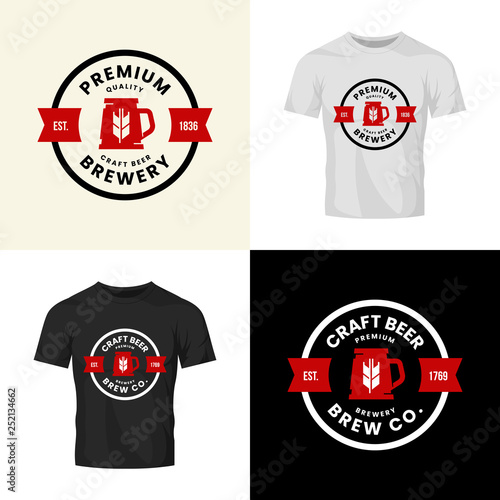 Modern craft beer drink vector logo sign for bar, pub, store, brewhouse or brewery isolated on t-shirt mock up. Premium quality mug logotype illustration set. Brewing fest fashion badge design bundle.