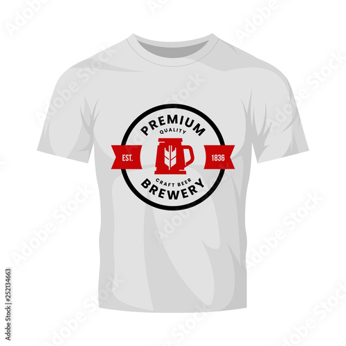 Modern craft beer drink vector logo sign for bar, pub, shop, store, brewhouse or brewery isolated on white t-shirt mock up. Premium quality mug logotype illustration. Brewing fest fashion badge design