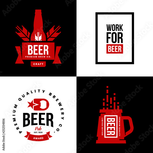 Modern craft beer drink isolated vector logo sign for bar, pub, store, brewhouse or brewery. Premium quality mug, opener and bottle logotype illustration set. Brewing fest t-shirt badge design bundle.