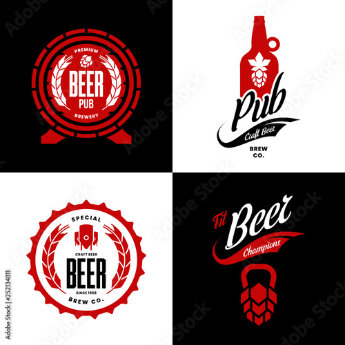 Modern craft beer drink isolated vector logo sign for bar, pub, store, brewhouse or brewery. Premium quality hop, barrel and bottle logotype illustration set. Brewing fest t-shirt badge design bundle.