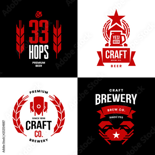 Modern craft beer drink isolated vector logo sign for bar, pub, store, brewhouse or brewery. Premium quality manufacturing and crab logotype illustration set. Brewing fest t-shirt badge design bundle.