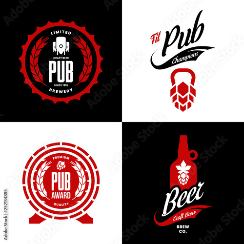 Modern craft beer drink isolated vector logo sign for bar, pub, store, brewhouse or brewery. Premium quality hop, barrel and bottle logotype illustration set. Brewing fest t-shirt badge design bundle.