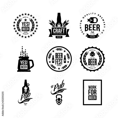 Modern craft beer drink isolated vector logo sign for bar, pub, store, brewhouse or brewery. Premium quality mug, hop, bottle logotype emblem illustration set. Brewing fest t-shirt badge design bundle