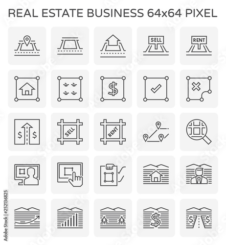 Real estate business vector icon. Include house, residential building. Land plot, land lot, map, boundary, pin, location and area for navigation. Tract of land for owned, sale, rent, buy, development.
