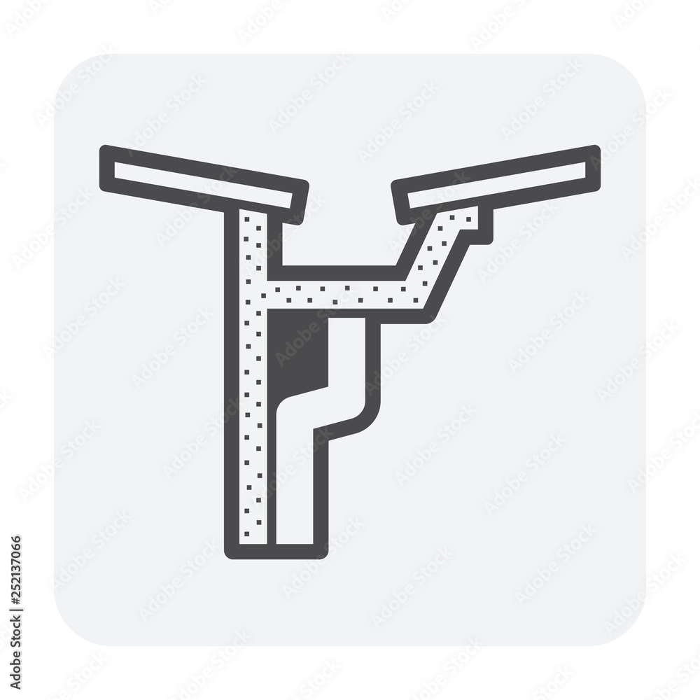 Fascia style concrete gutter vector icon. Also call rain gutter or eavestrough. Include roof, downpipe or downspout and pipeline for water drainage system to protect exterior building from rainwater. Fascia style concrete gutter vector icon. Also call rain gutter or eavestrough. Include roof, downpipe or downspout and pipeline for water drainage system to protect exterior building from rainwater.